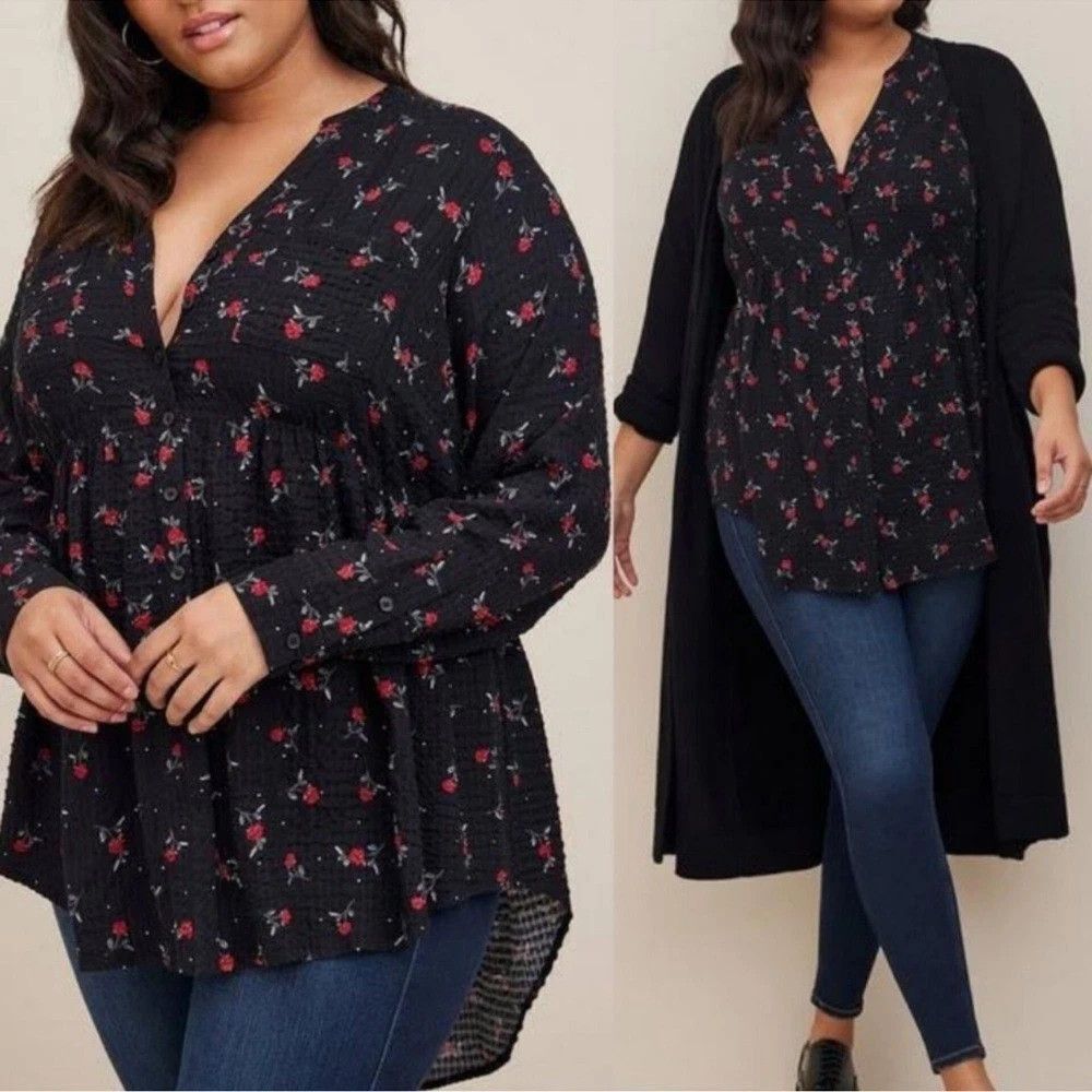 Torrid Emma Babydoll Crinkle Gauze Tunic Top Size 2X Black Red Rose Print 2022